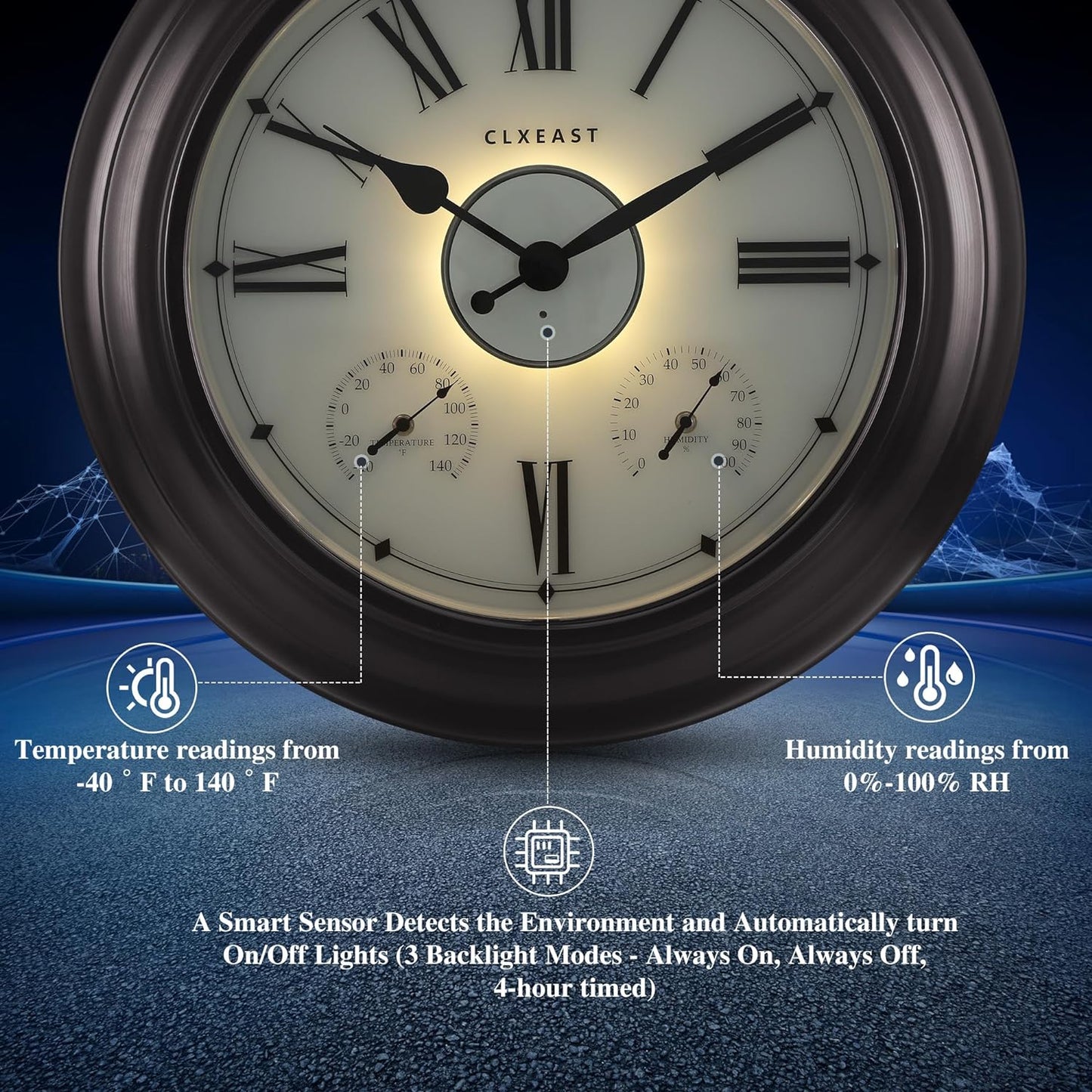 CLXEAST Illuminated Outdoor Indoor Metal Clocks Waterproof 24 inch, Oil Rubbed Bronze Black Finish,Large Clock with Thermometer & Hygrometer for Garden Patio Pool,Outdoor Lights&Decoration