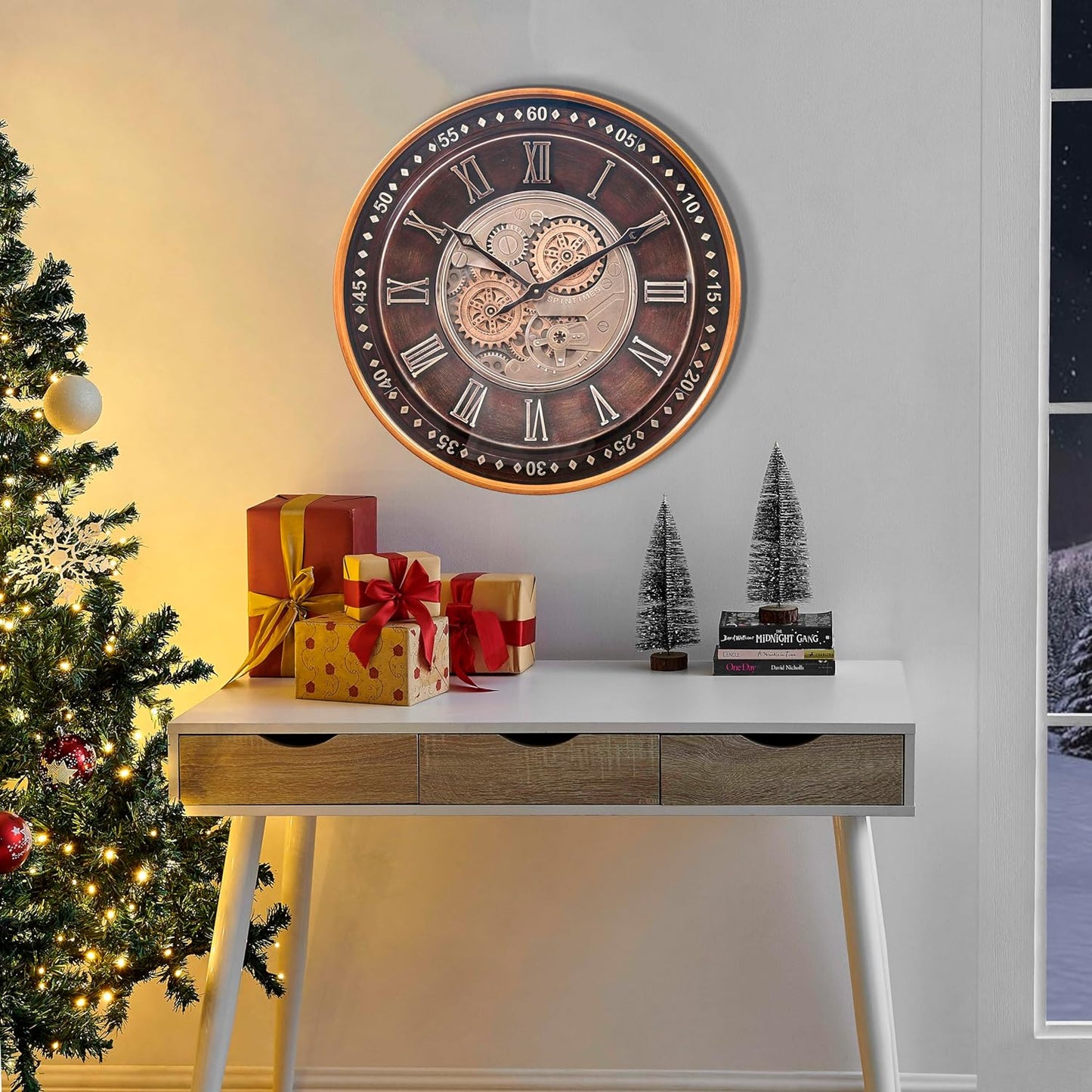 CLXEAST 24 Inch Wall Clock with Moving Gears,Oversized Large Industrial Steampunk Wall Clock, Antique Gold Metal Roman Numeral Wall Clocks for Farmhouse Living Room Decor