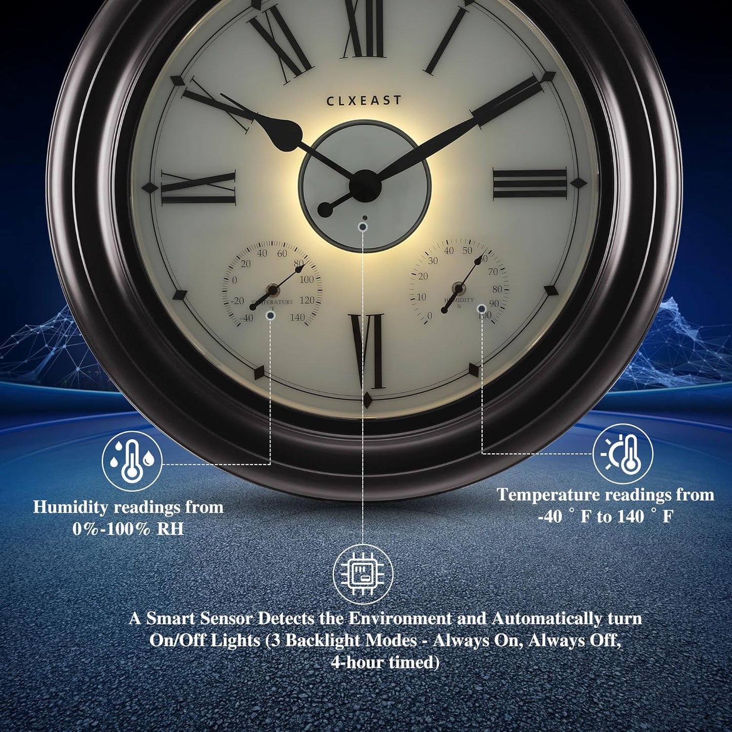 CLXEAST Illuminated Outdoor Indoor Clocks Waterproof 24 inch,Large Outdoor Clock with Thermometer & Hygrometer for Garden Patio Pool, Black Waterproof Outdoor Indoor Table Clocks for Bathroom