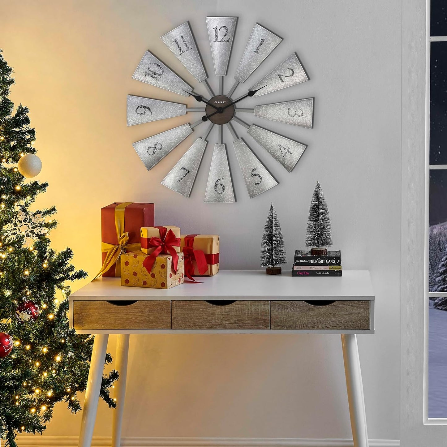 CLXEAST 30 Inch Large Farmhouse DIY Windmill Decor Wall Clock, Adjustable Size 24"/26"/28"/30"/32", 24 Inch Wall Clocks for Living Room Decor,Wall Art Decor, Galvanized Gray/Dark Grey Oak