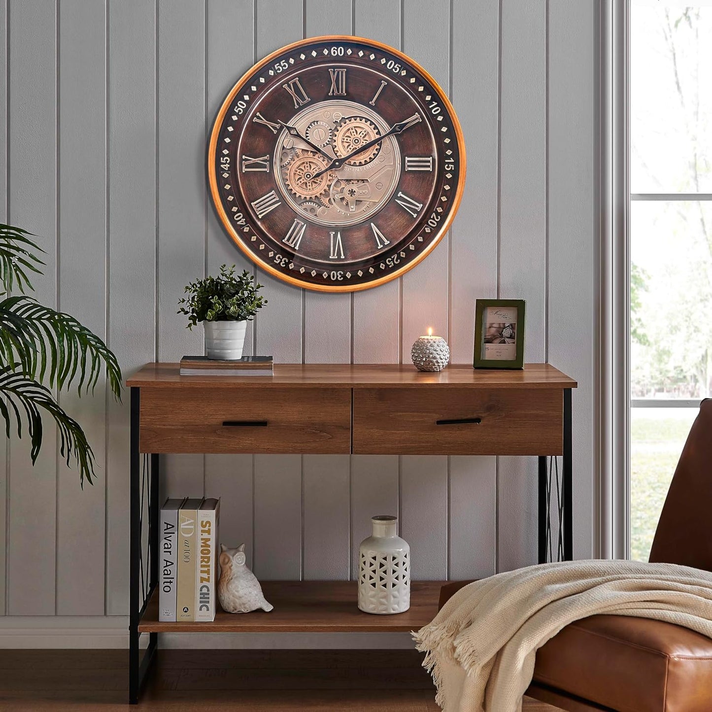 CLXEAST 24 Inch Wall Clock with Moving Gears,Oversized Large Industrial Steampunk Wall Clock, Antique Gold Metal Roman Numeral Wall Clocks for Farmhouse Living Room Decor
