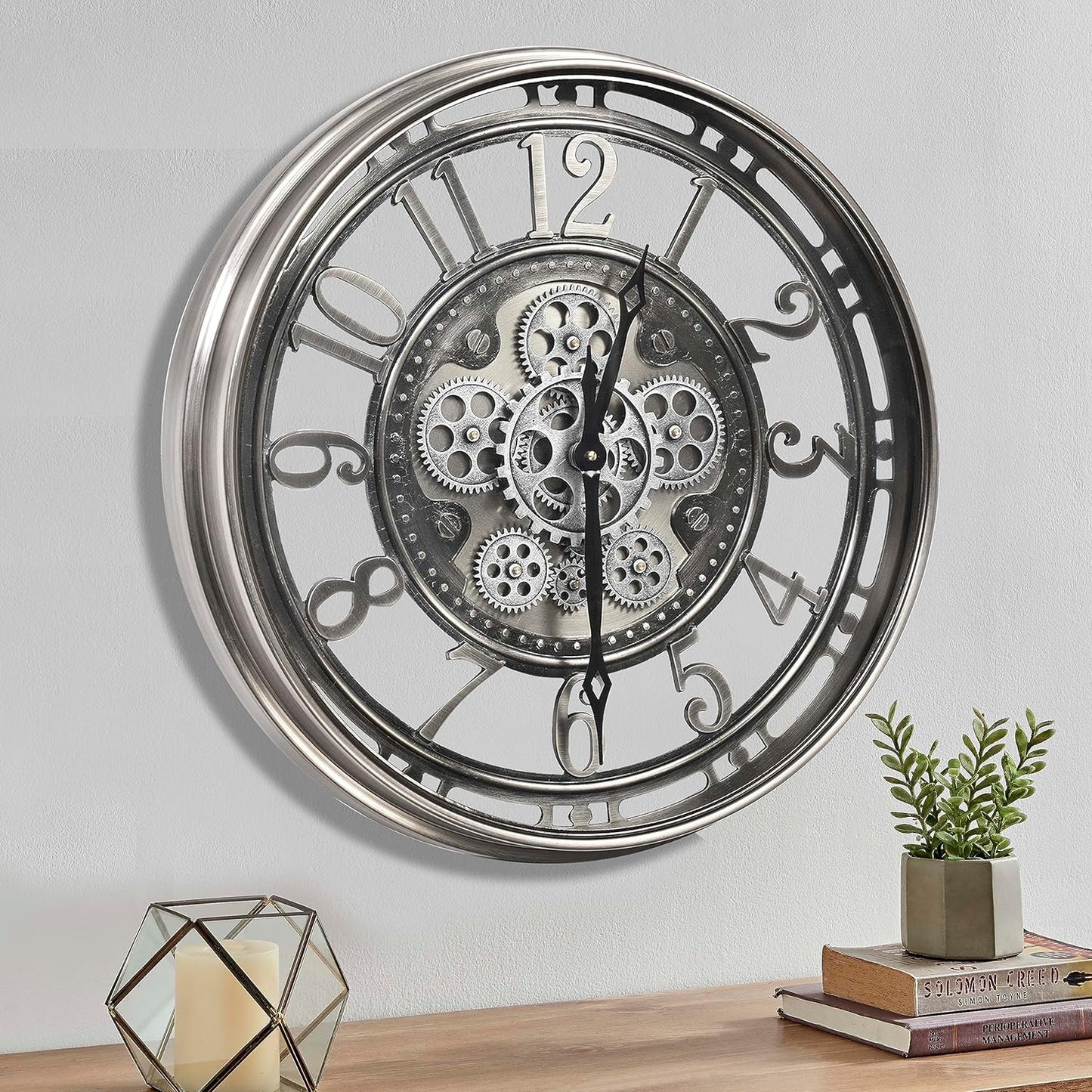 CLXEAST Large Moving Gear Wall Clock,Industrial Steampunk Decor Wall Clock,Metal Wall Art Clock for Modern Farmhouse Living Room Decor,Gunmetal Silver Chrome Finish (20 Inch)
