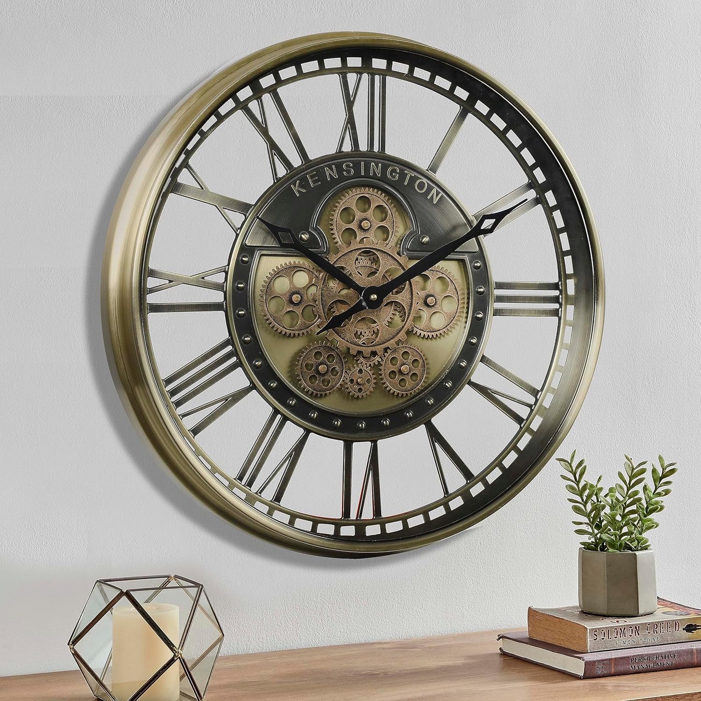 CLXEAST Large Moving Gear Wall Clock,Industrial Steampunk Decor Wall Clock,Metal Wall Art Clock for Modern Farmhouse Living Room Decor,Gunmetal Silver Chrome Finish (20 Inch)